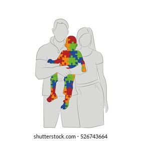 silhouettes of parents keep a child on the autism background symbol. the concept of treating autism. vector illustration.