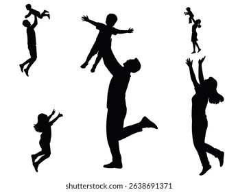 Silhouettes of Parents Lifting and Playing with Children, Happy Family and Parenting Concept