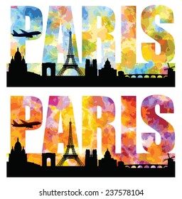 Silhouettes of Paris most famous landmarks with colorful sky forming the word. Editable vector illustration with elements as separate objects. Airplane can be (re)moved.