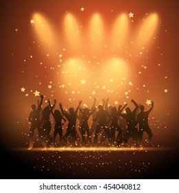 Silhouettes of party people dancing on a starry background