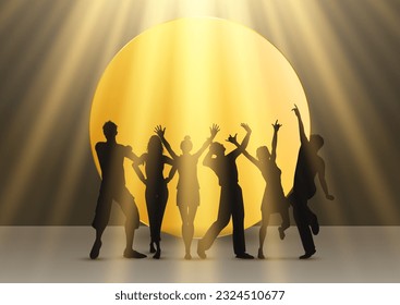 Silhouettes of party people dancing under spotlights 