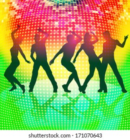 silhouettes of party people on colorful disco background