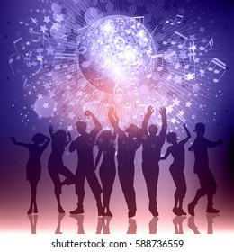 Silhouettes of party people on a music notes background with mirror ball