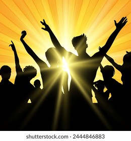 Silhouettes of party people on a sunburst background 