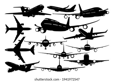 Silhouettes of passenger airliner - contours of airplanes