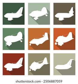 Silhouettes of passenger planes. Side view. Flat style. Vector illustration. 