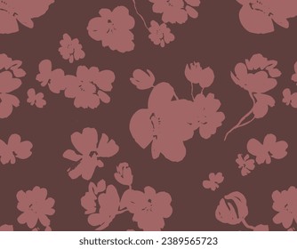 Silhouettes pattern of blooming flowers in vintage style. seamless botanical pattern on dark background . Nature ornament for textile, fabric, wallpaper, surface design.