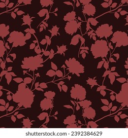 Silhouettes pattern of blooming flowers in vintage style. seamless botanical pattern on dark background . Nature ornament for textile, fabric, wallpaper, surface design.