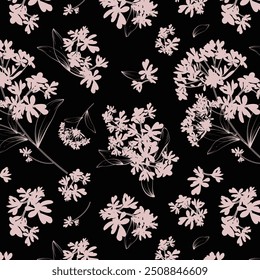 Silhouettes pattern of blooming flowers in vintage style. seamless botanical pattern on colorful background . Nature ornament for textile, fabric, wallpaper, surface design.