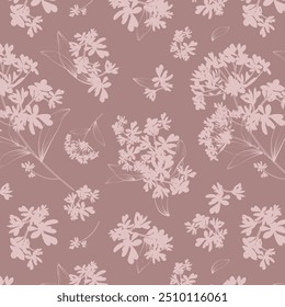 Silhouettes pattern of blooming flowers in vintage style. seamless botanical pattern on colorful background . Nature ornament for textile, fabric, wallpaper, surface design.