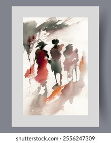 Silhouettes of pedestrians walking along streets of scary city without evening lighting on poster. Watercolor artwork. Wall art with pedestrians leaving into darkness, in frame with decor for print