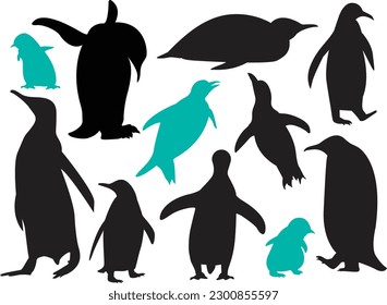 Silhouettes of Penguin are isolated on a white background. set of different acting Penguin silhouettes for design use.