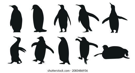 Silhouettes of penguins on a separate white background. Vector