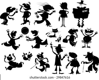 Silhouettes of people and animals in various situations