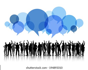 Silhouettes of People Arms Raised and Speech Bubble