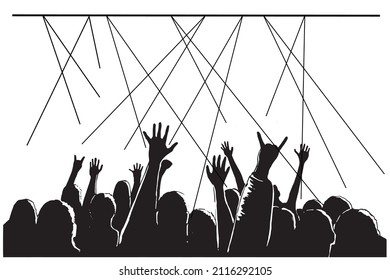 Silhouettes of people, the audience at the concert. Crowd of fans in front of the stage. Vector illustration