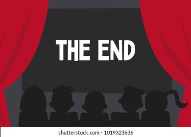 Silhouettes of people from the back watching a film. The end of the movie. Cinema conceptual illustration. Editable vector, clip art