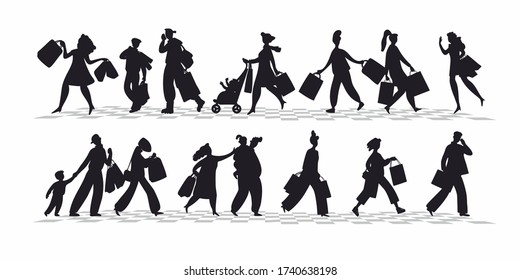 Silhouettes of people with bags. Set of black silhouettes of girls, men, parents with children. Buyers are isolated on a white background. Vector illustration People rush to shopping.