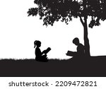 Silhouettes of people with a book.	