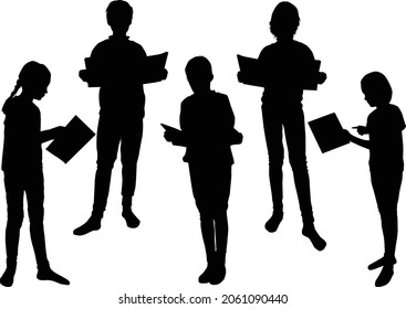 Silhouettes of people with a book.	