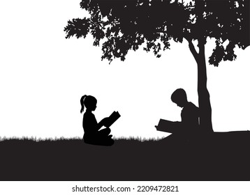 Silhouettes of people with a book.	