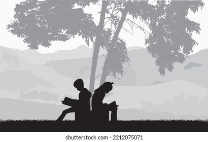 Silhouettes of people with a book.	