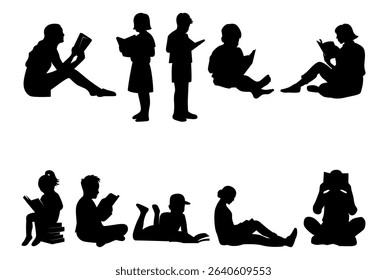 Silhouettes of people with a book. reading book silhouettes set
