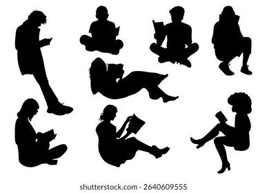 Silhouettes of people with a book. reading book silhouettes set
