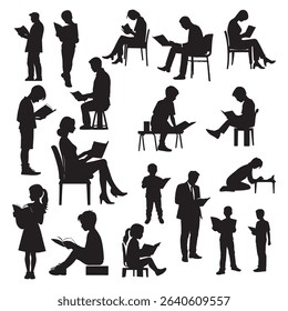 Silhouettes of people with a book. reading book silhouettes set