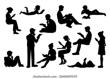 Silhouettes of people with a book. reading book silhouettes set