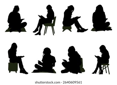 Silhouettes of people with a book. reading book silhouettes set