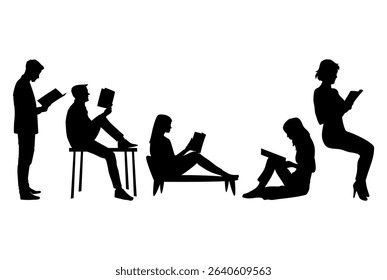 Silhouettes of people with a book. reading book silhouettes set