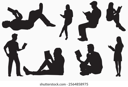 Silhouettes of people with a book and reading vector silhouettes.