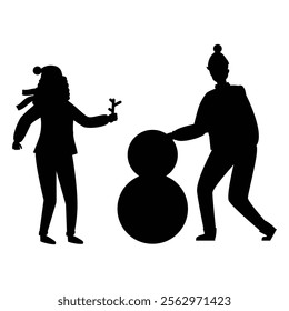 Silhouettes of People Building a Snowman Winter Fun Scene