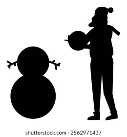 Silhouettes of People Building a Snowman Winter Fun Scene