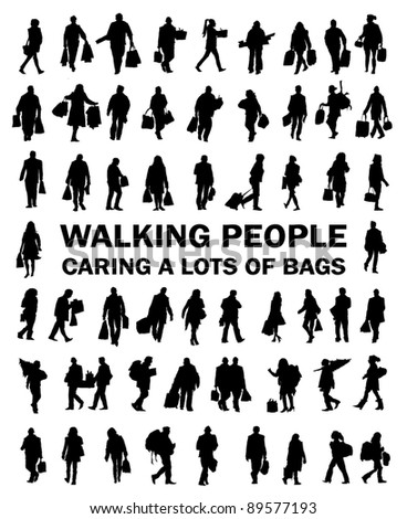 Silhouettes of people caring bags, luggage, shopping, presents, christmas tree