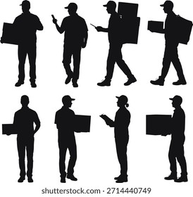 Silhouetten von Personen, die Pakete transportieren und Geräte benutzen