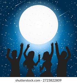 Siluetas de personas celebrando y bailando bajo una Grande luna llena y el cielo estrellado de la noche.