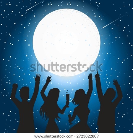 Silhouettes of people celebrating and dancing under a large full moon and starry night sky.