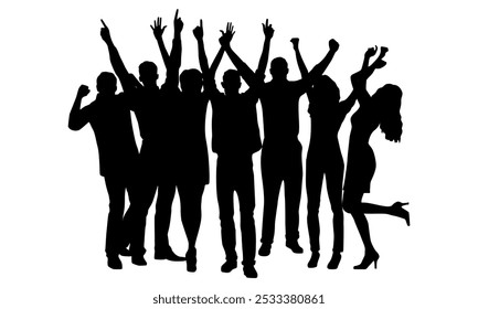 Silhouettes of People Celebrating, Group of Happy People, Party, Corporate Event, Success, Black, Holiday, Vector