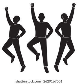 Silhouettes of people celebrating success with raised fists in a victory pose achievement illustration