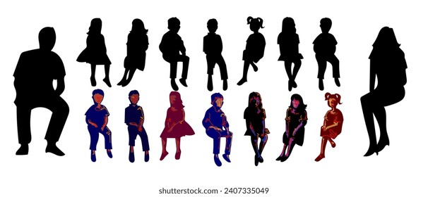 Silhouettes people children men and women group vector illustration. Isolated on white background.