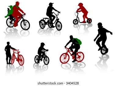 Silhouettes of people and children on bicycles and a scooter