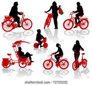 Silhouettes of people and children on bicycles