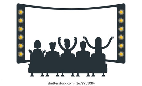 Silhouettes of people in cinema. Spectators are sitting in chair in front of large screen. Cinema, stage and show. Flat vector illustration.