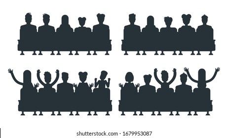 Silhouettes of people in cinema. Spectators are sitting in chair in front of large screen. Cinema, stage and show. Flat vector illustration.