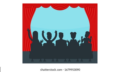 Silhouettes of people in cinema. Spectators are sitting in chair in front of large screen. Cinema, stage and show. Flat vector illustration.