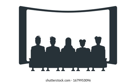 Silhouettes of people in cinema. Spectators are sitting in chair in front of large screen. Cinema, stage and show. Flat vector illustration.