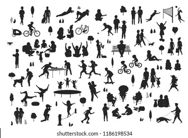 silhouettes of people in the city park outdoor scenes set, men women children make sport, walk, jogging, riding bike, at picnic, relaxing, celebrating playing