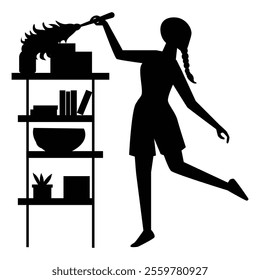 Silhouettes of People Cleaning with Brooms and Mops